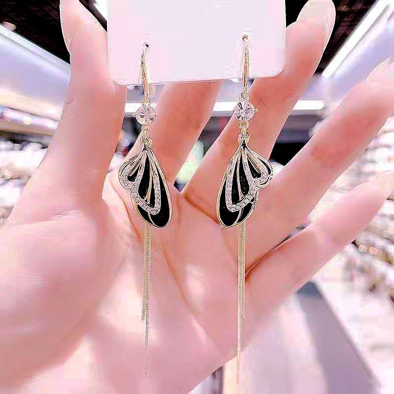 Bowknot geometric tassel long pearl rhinestone earrings