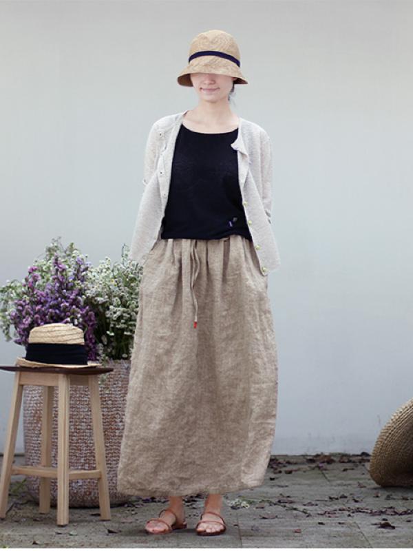 VINTAGE SOLID LINEN DRAWSTRING SKIRT