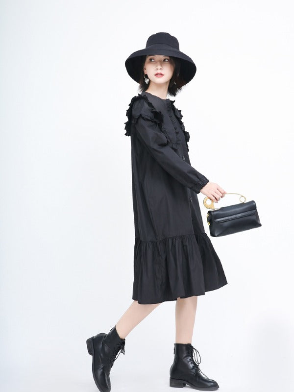 Loose Solid Ruffle Collar Cropped Falbala Dress