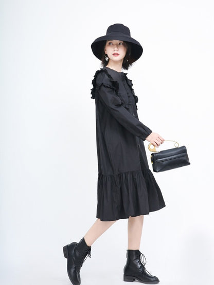 Loose Solid Ruffle Collar Cropped Falbala Dress