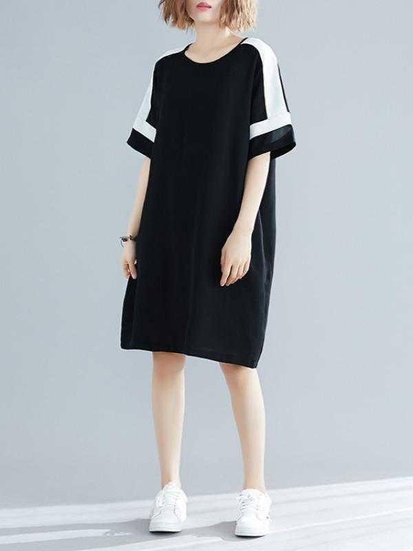 Plus Size Loose Chiffon Contrast Color Midi Dress