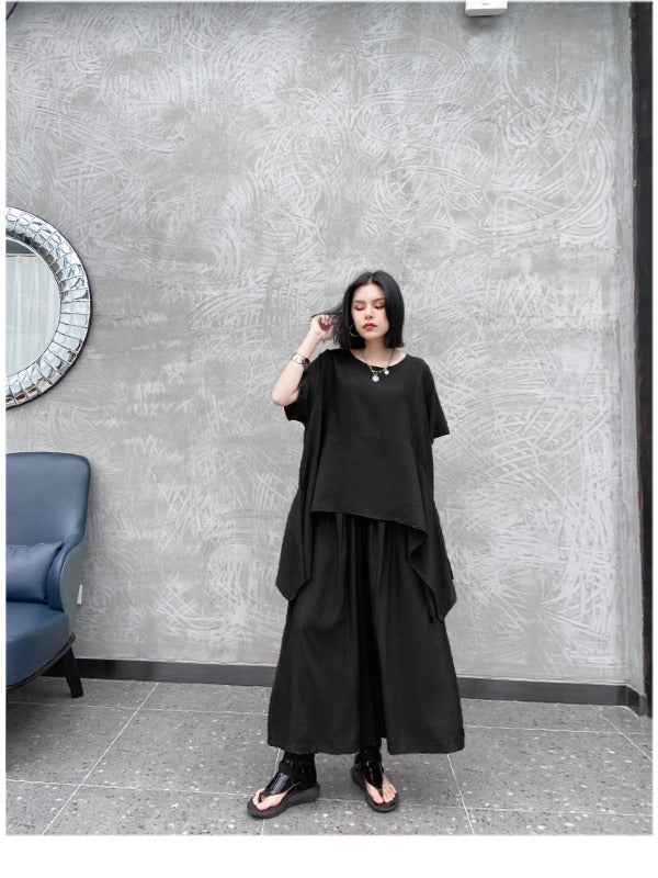 URBAN SOLID ROUND-NECK T-SHIRT&WIDE LEG PANTS SUITS