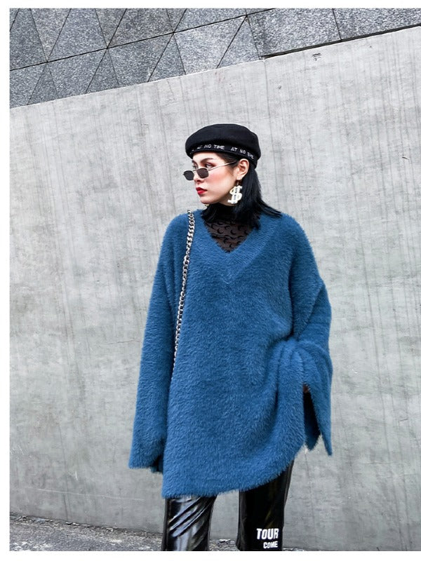 Loose V-Neck Mohair Knitting Sweater