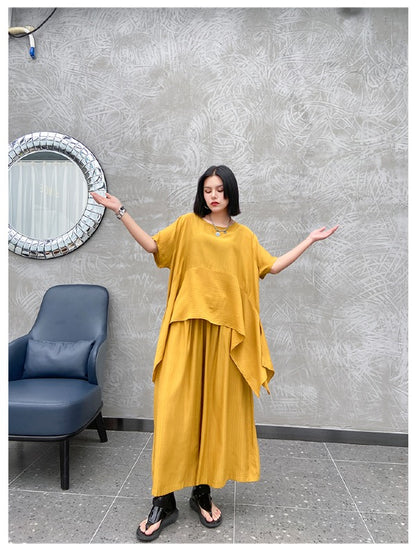 URBAN SOLID ROUND-NECK T-SHIRT&WIDE LEG PANTS SUITS