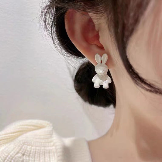 S925 silver needle cream white doll rabbit stereo cartoon earrings