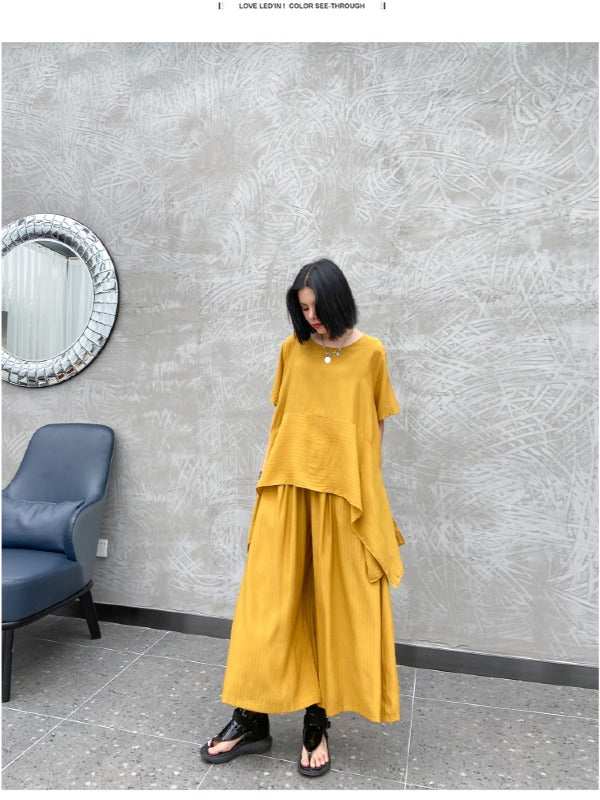 URBAN SOLID ROUND-NECK T-SHIRT&WIDE LEG PANTS SUITS