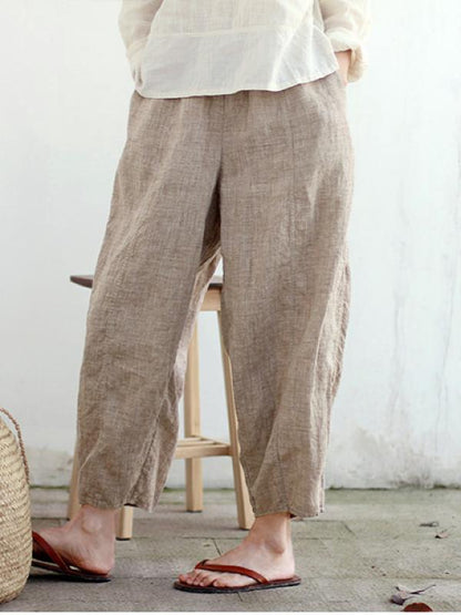 VINTAGE SOLID LINEN ELASTIC WAIST PANTS