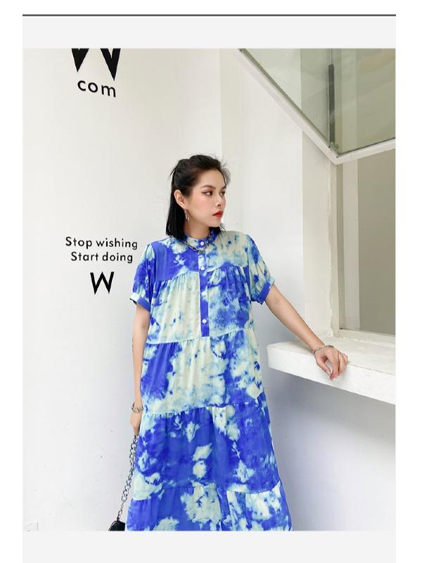 Fashion Tie-Dyed Bishop Sleeve A-Line Dress
