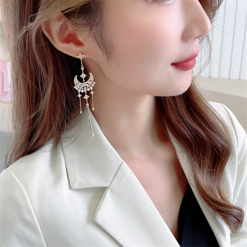 Star Moon pearl temperament long Tassel Earrings