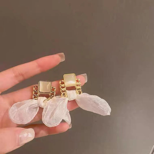 S925 silver needle opal bow geometric chain earrings