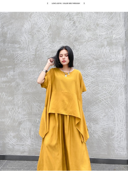 URBAN SOLID ROUND-NECK T-SHIRT&WIDE LEG PANTS SUITS