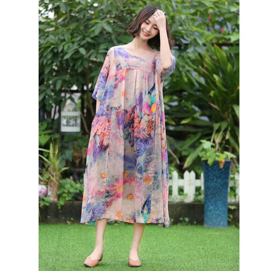 Vintage Print Floral Round Neck Short Sleeve Dress