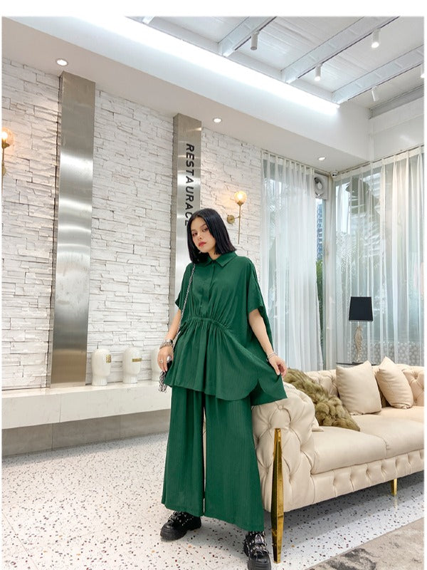 URBAN ELASTICITY BATWING SLEEVE LAPEL TOPS&WIDE LEG PANTS SUITS