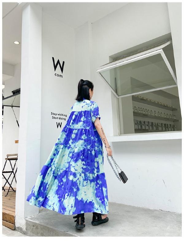 Fashion Tie-Dyed Bishop Sleeve A-Line Dress