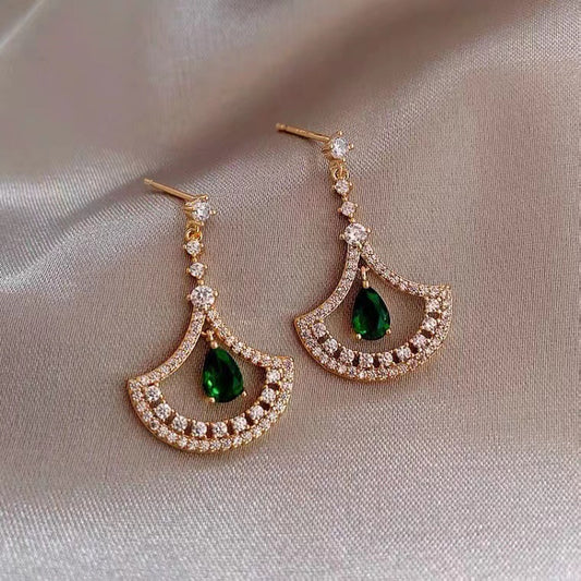 S925 silver needle green water drop full diamond fashion fan earrings
