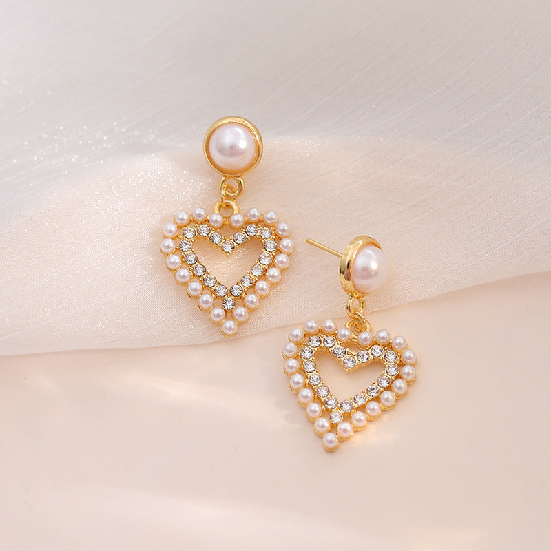 S925 silver needle love pearl red heart earrings