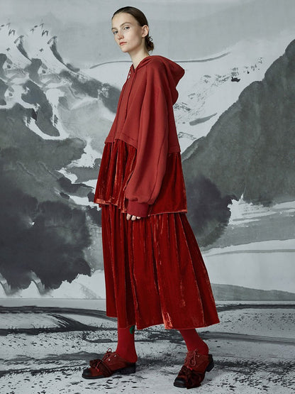 Autumn Spliced Crimson Sweatshirt And Calf Skirt