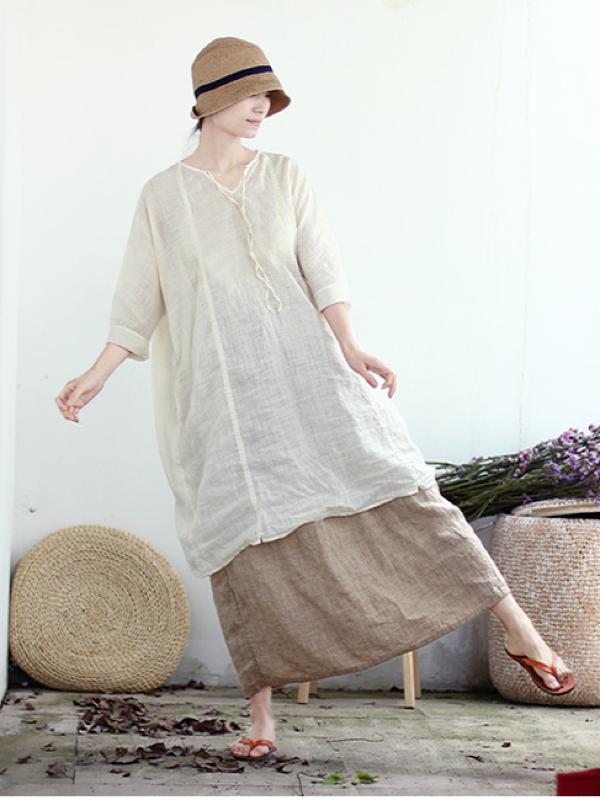 VINTAGE SOLID LINEN DRAWSTRING SKIRT