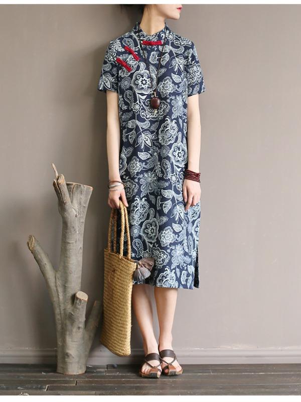National Printed Cheongsam Midi Dress