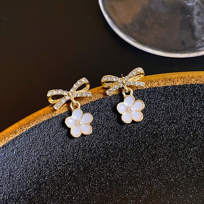 S925 silver pin-set diamond bow flower earrings