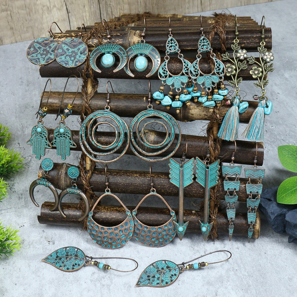 Retro earrings geometric turquoise tassel earrings