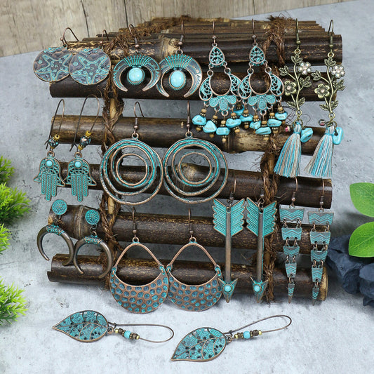 Retro earrings geometric turquoise tassel earrings