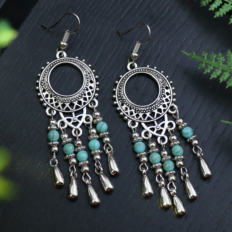 Silver geometric metal turquoise earrings