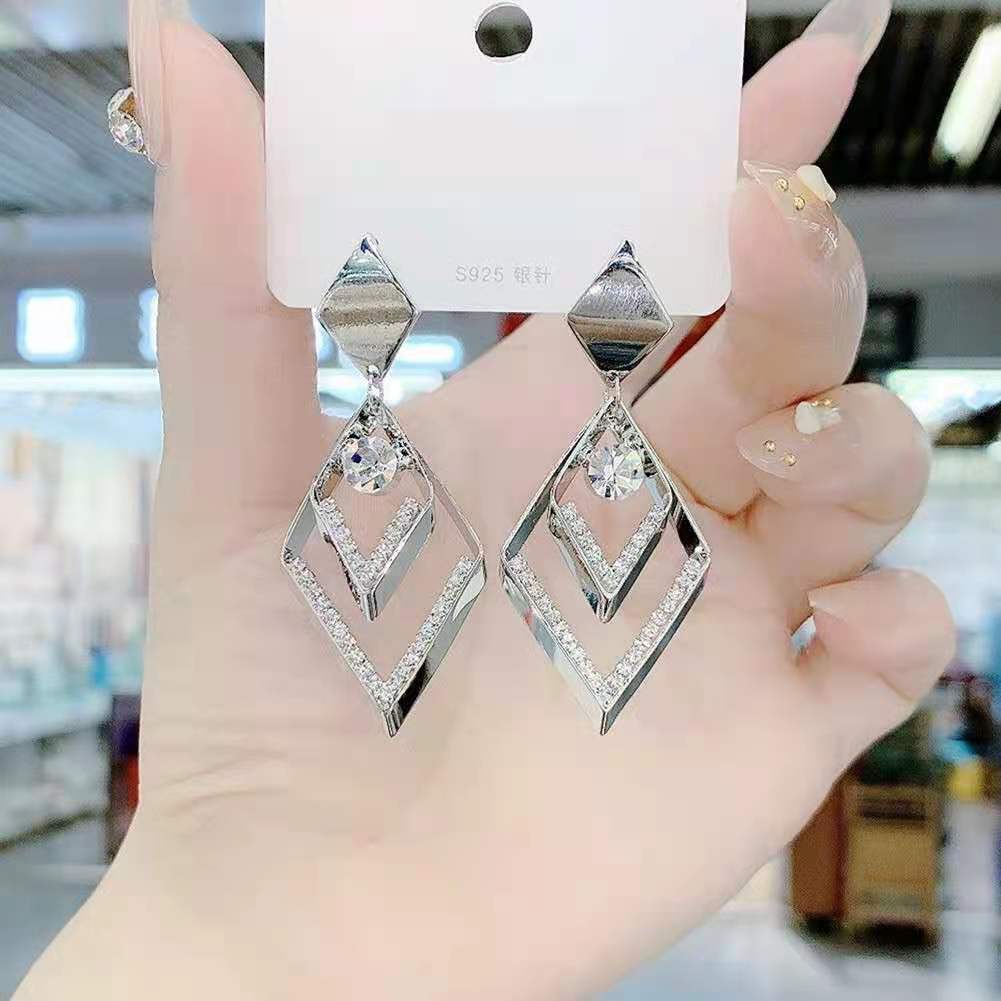 Bowknot geometric tassel long pearl rhinestone earrings