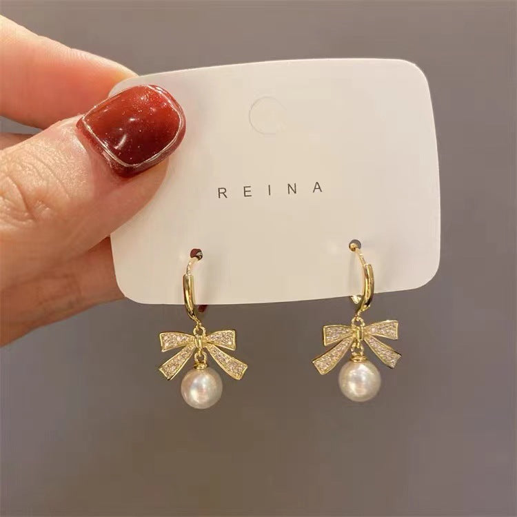 S925 silver needle new simple bow pearl earrings