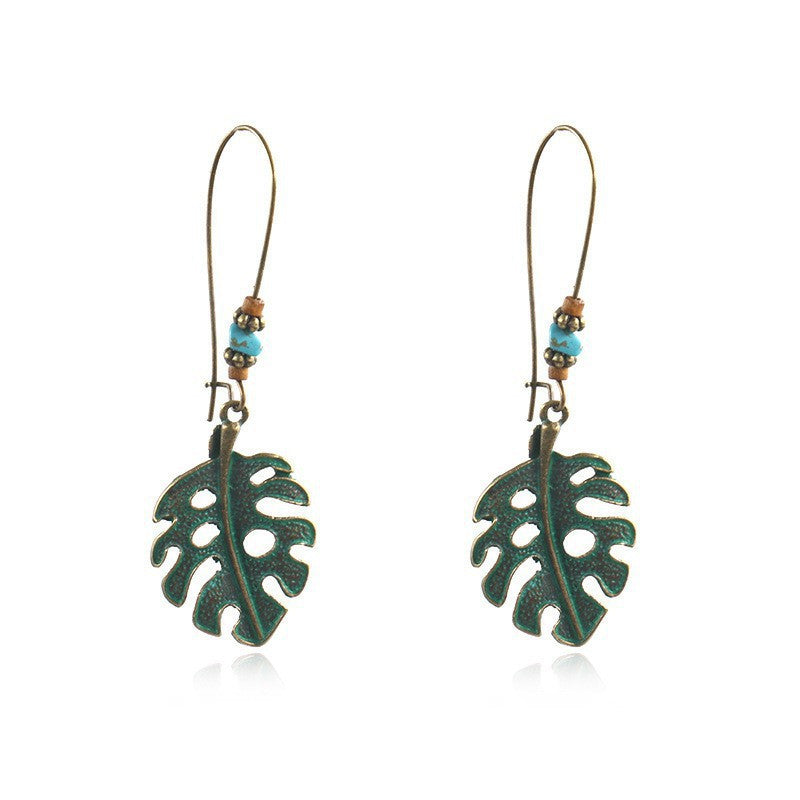 Alloy earrings openwork leaf turquoise earrings