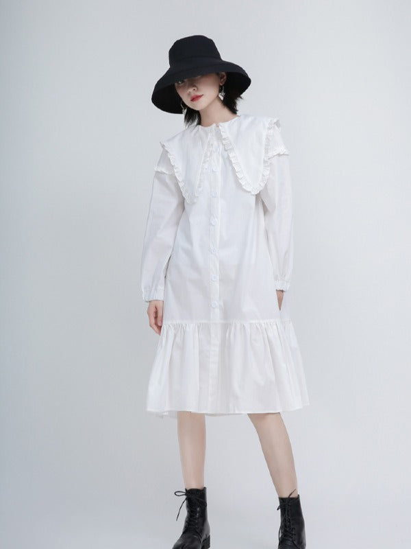 Loose Solid Ruffle Collar Cropped Falbala Dress