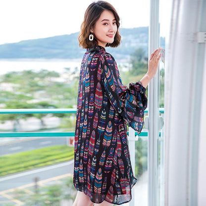 Ruffles Printing Lacing Loose Long Sleeve Mini Dress