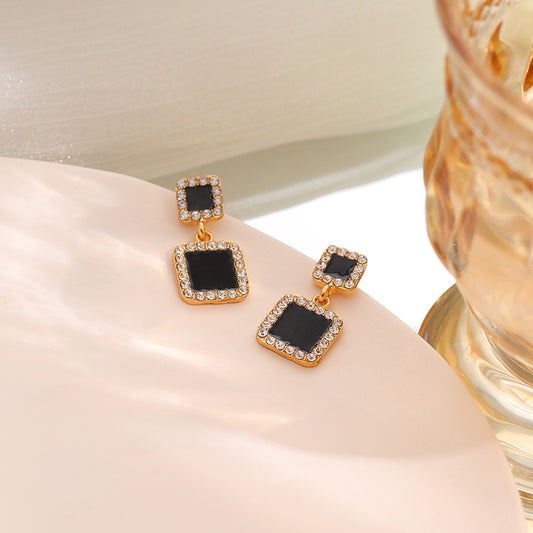 S925 silver needle retro black geometric square diamond earrings