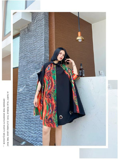 Plus Size Loose Print Cape Short Sleeve Shirt Dress