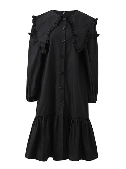 Loose Solid Ruffle Collar Cropped Falbala Dress