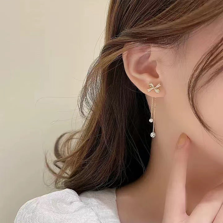 Fashion diamond bow tassel S925 silver needle earrings