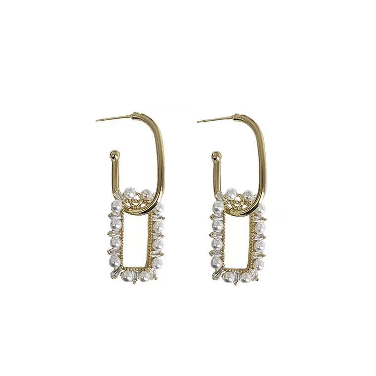 S925 silver needle micro-embedded pearl fashion geometric box earrings