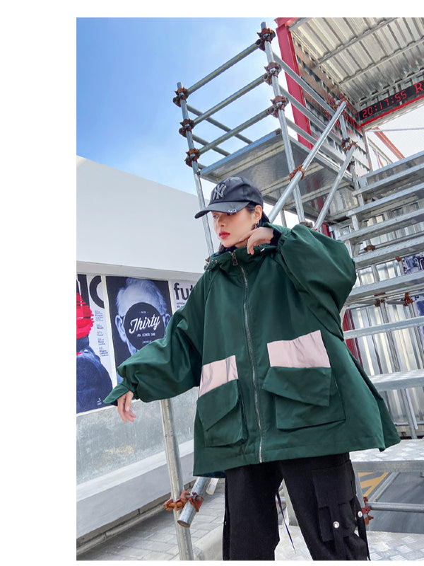 Stylish Loose Large Pocket Zipper Hood Outwear