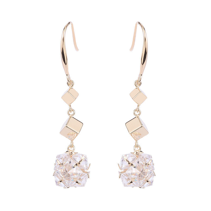 Long earrings geometric square three-dimensional ball earrings