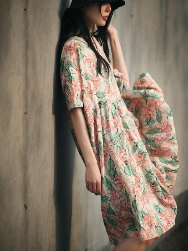VINTAGE FLORAL PRINTED PLEATED SHORT DRESS
