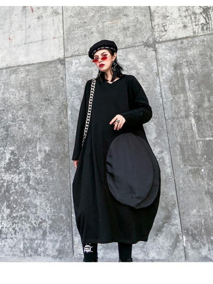 LOOSE ASYMMETRIC A-LINE SPLIT-JOINT BLACK LONG DRESS - Zebrant