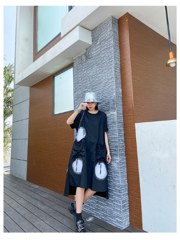 LOOSE POLKA-DOT ROUND-NECK LONG DRESS