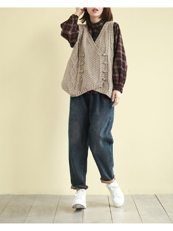 Vintage Loose Button Cropped V-Neck Vest