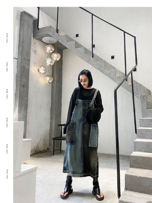 Contrast Color Splicing Sleeveless Jean Dress