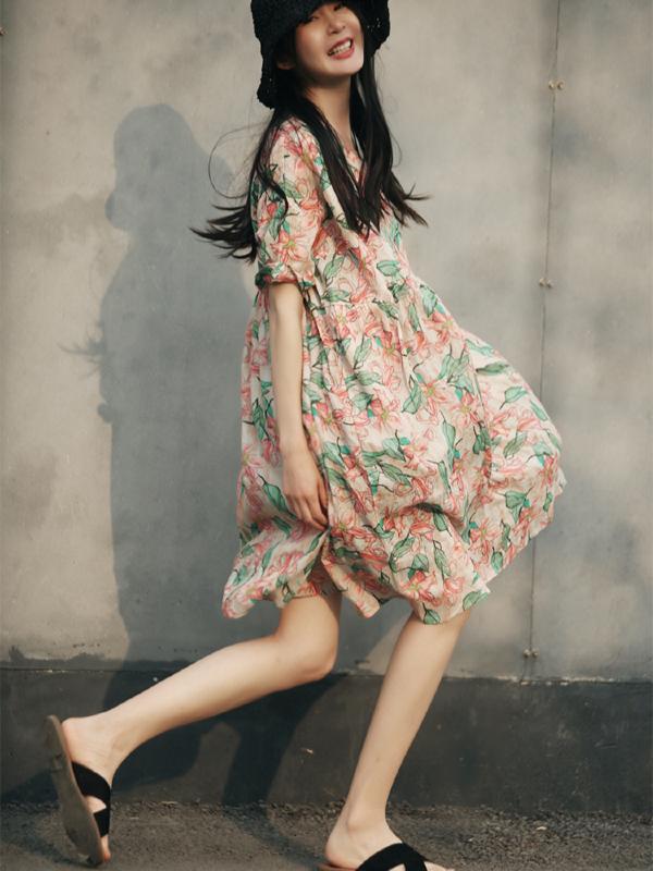 VINTAGE FLORAL PRINTED PLEATED SHORT DRESS