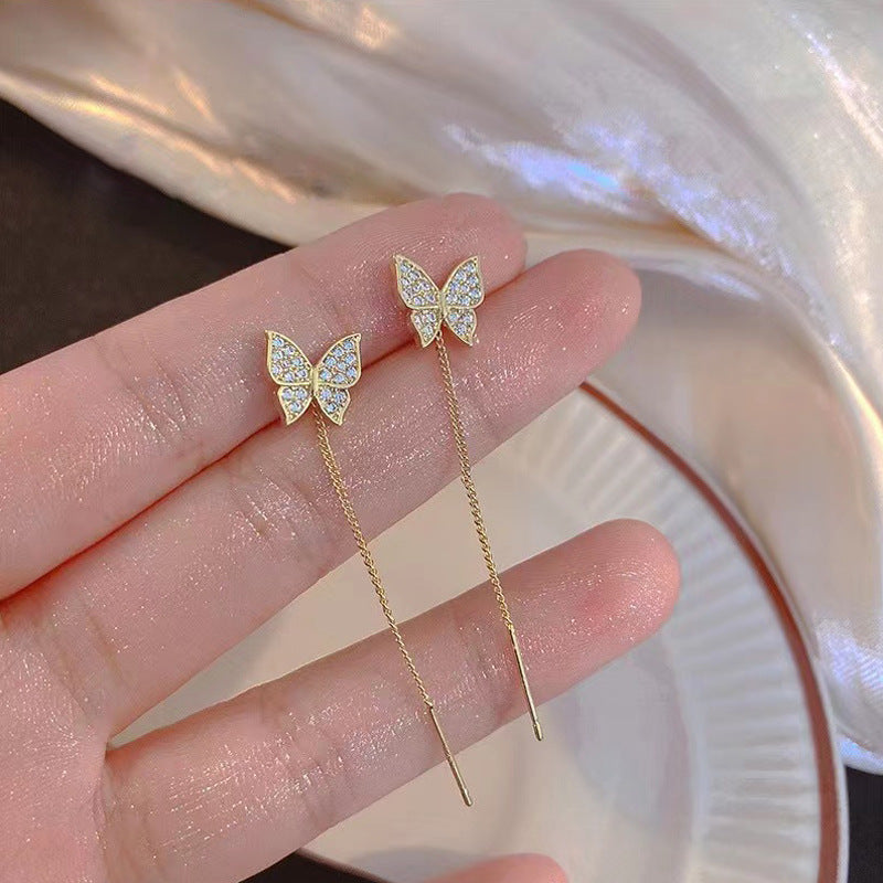 S925 silver pin-set butterfly tassel earrings