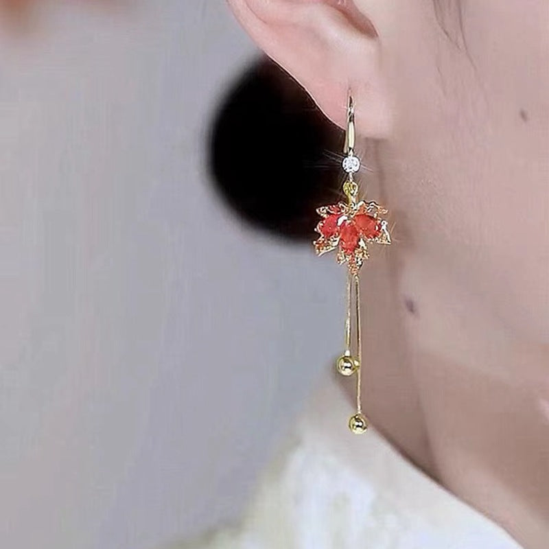 Red maple leaf tassel earrings