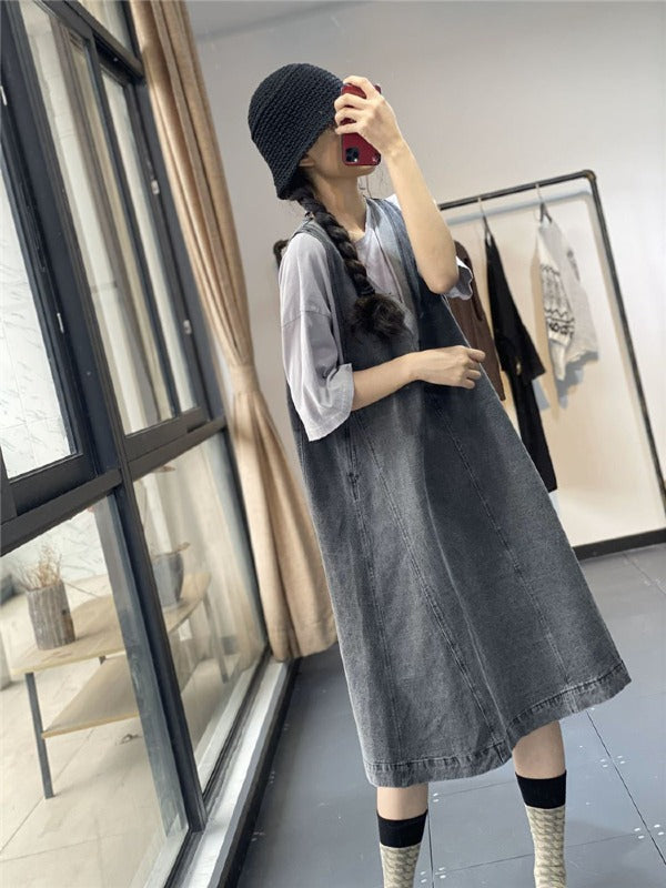 Loose Jean Splicing Contrast Color V-Neck Dress