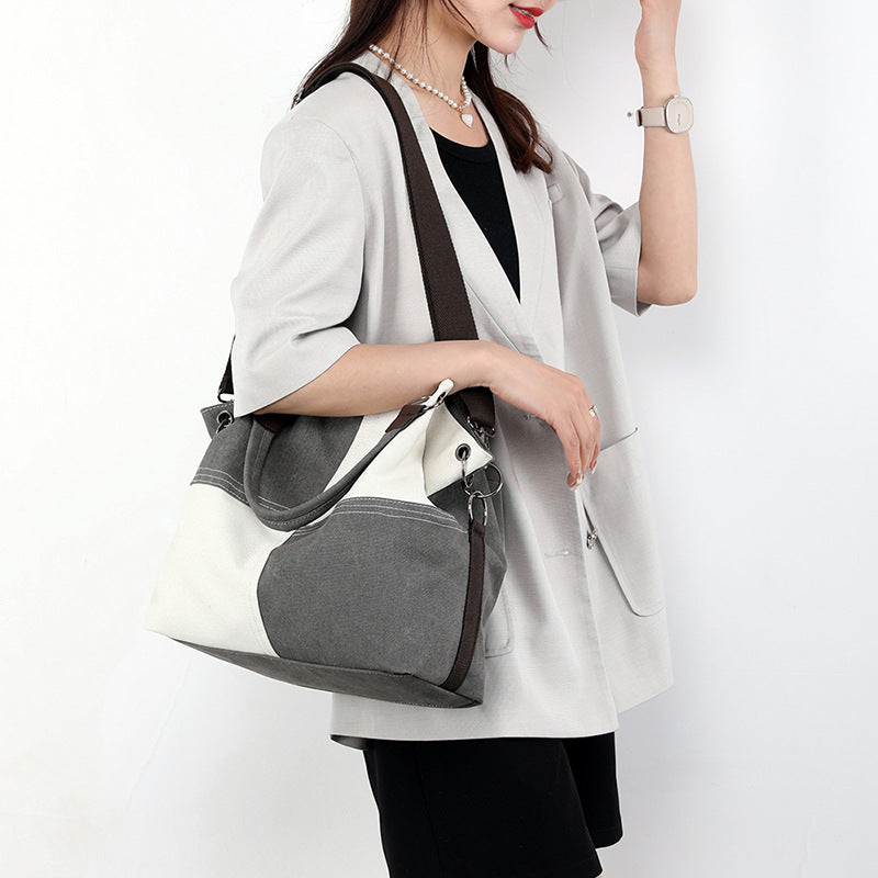 Casual women's canvas bag, trendy new splicing color contrast single shoulder women's bag