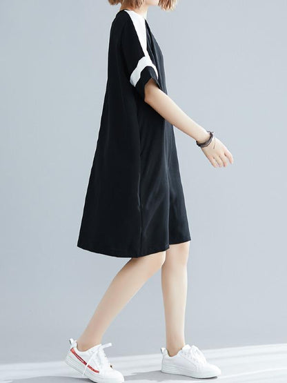 Plus Size Loose Chiffon Contrast Color Midi Dress
